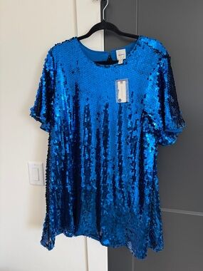Maeve Electric Blue Sequin Short-Sleeve Top